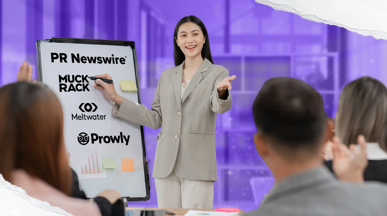 A group of professionals talking, with the logos of some mentioned PR tools.