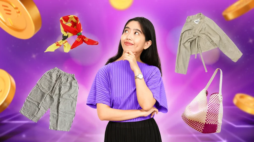 A Filipino thinking, with symbols of clothes, money, etc. around them.