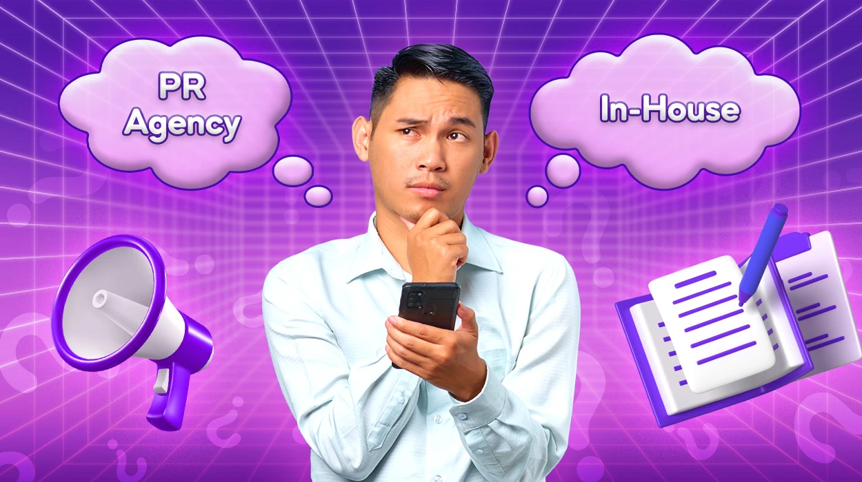 A PR professional thinking, with "PR Agency" on the left and "In-House" on the right.