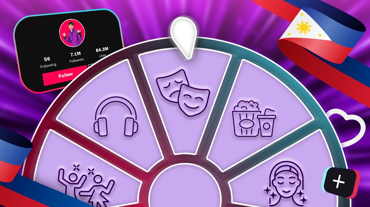 TikTok content types wheel showing different categories like music, comedy, food, fitness, and beauty with Philippine flag and profile interface.