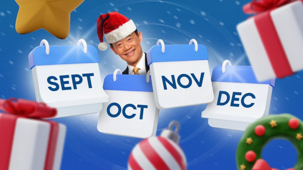 The ber months in the Philippines represented by calendar pages Sept-Dec with Jose Mari Chan and Christmas icons