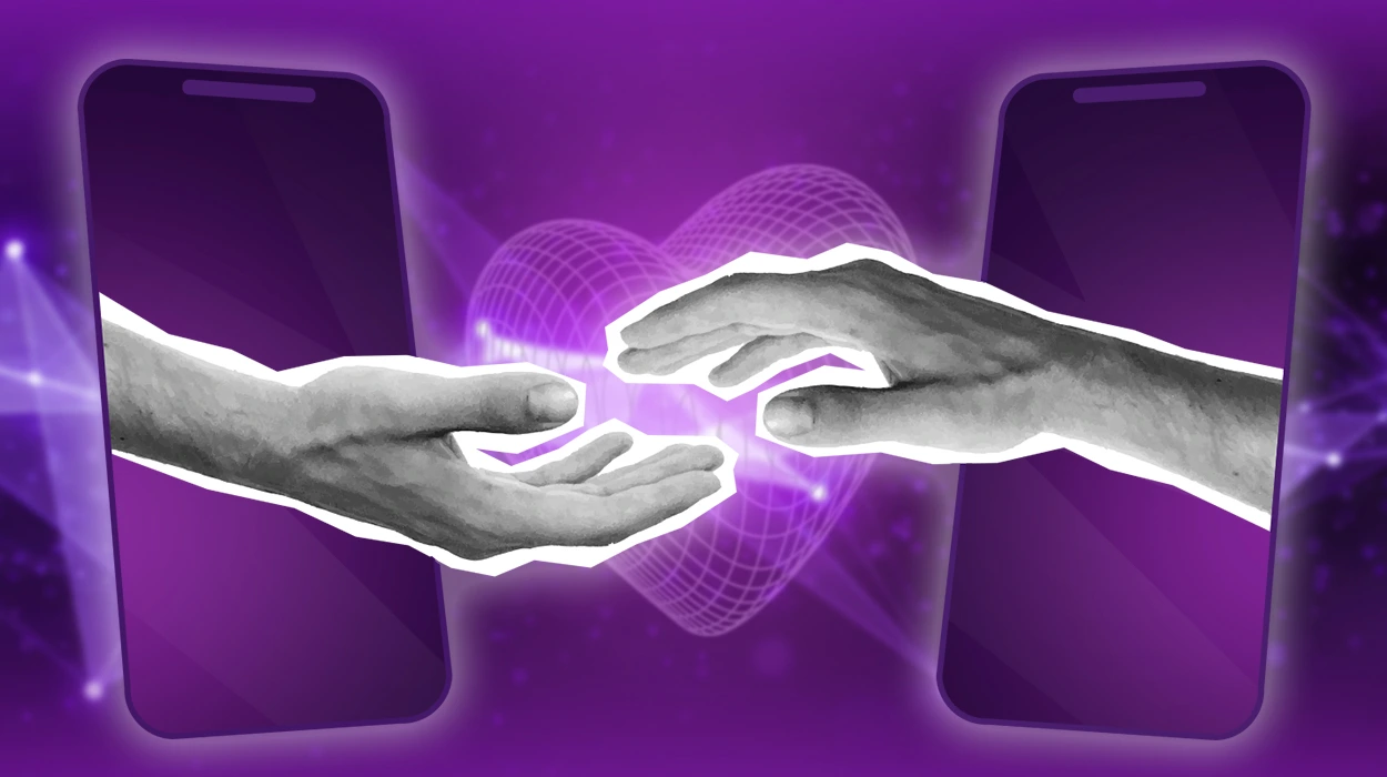 Option 1 (SEO-focused, descriptive): "Modern bayanihan concept showing two hands reaching through smartphone screens to help each other, symbolizing digital community support in the Philippines.