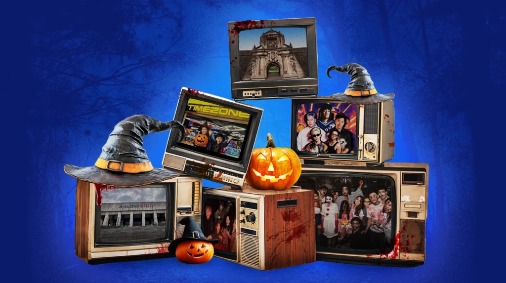 Old televisions containing activities to do, and places to go to during Halloween.