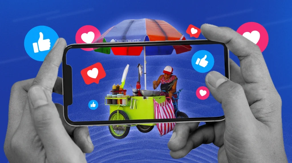 A food cart with a smartphone capturing it, surrounded by floating social media icons and engagement symbols.