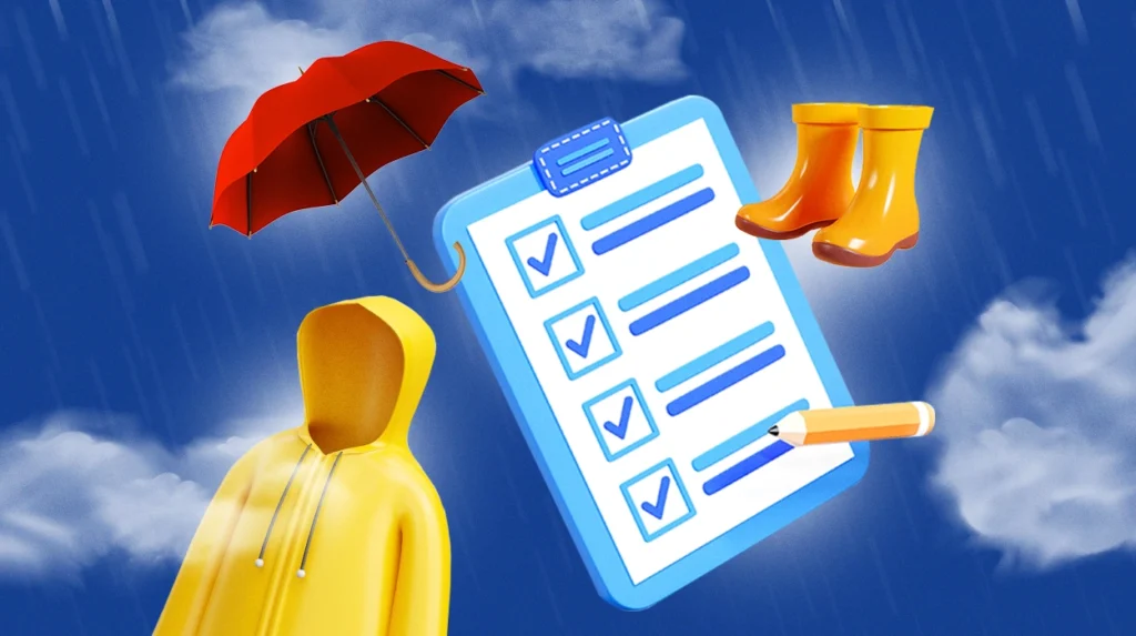 A simple checklist with items checked off and rain drops falling around it.