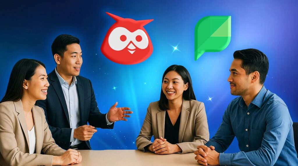 A group of professionals discussing, with the logos of Hootsuite and Sprout Social above them.