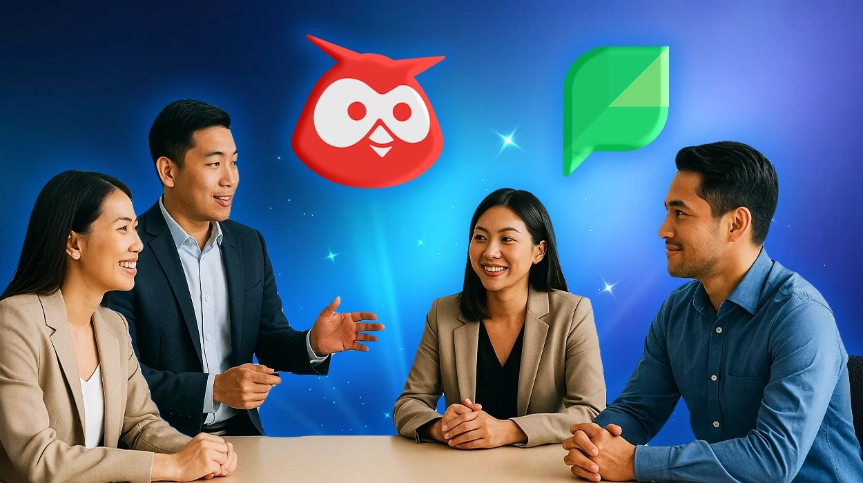 A group of professionals discussing, with the logos of Hootsuite and Sprout Social above them.
