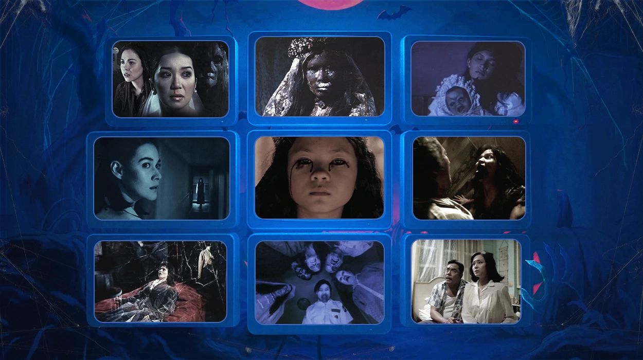 Multiple screens showing screenshots of scenes from the top Filipino horror movies, with horror elements around (shadows, cobweb, etc.)