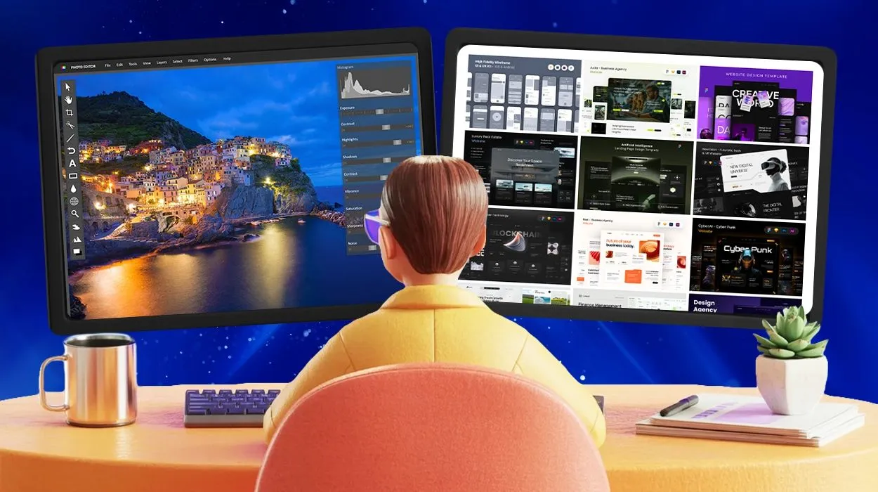 Designer comparing custom vs. template illustrations on dual monitors, showing custom artwork and template library options