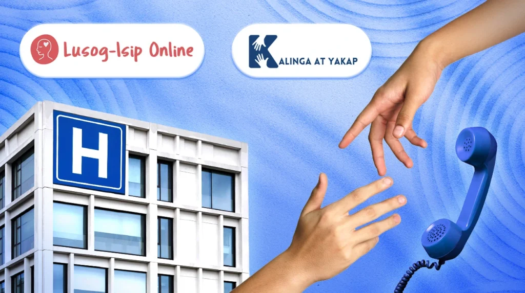 ALT Text A supportive hand with three key resources - a phone (hotlines), a hospital building, and icons of mental health apps.