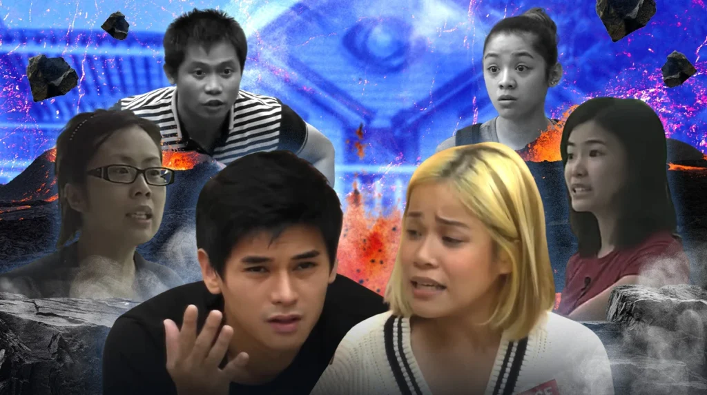 Six PBB housemates showing emotional reactions during the most intense PBB fights, set against dramatic fire and volcanic explosion background.