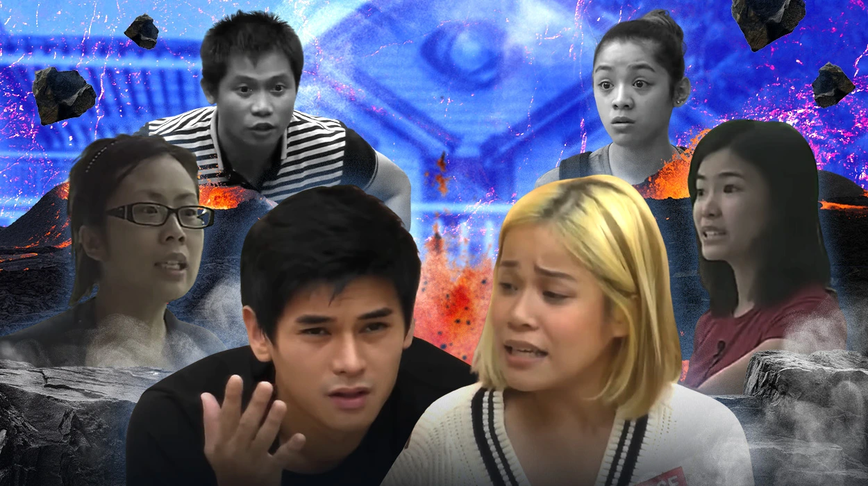 Six PBB housemates showing emotional reactions during the most intense PBB fights, set against dramatic fire and volcanic explosion background.