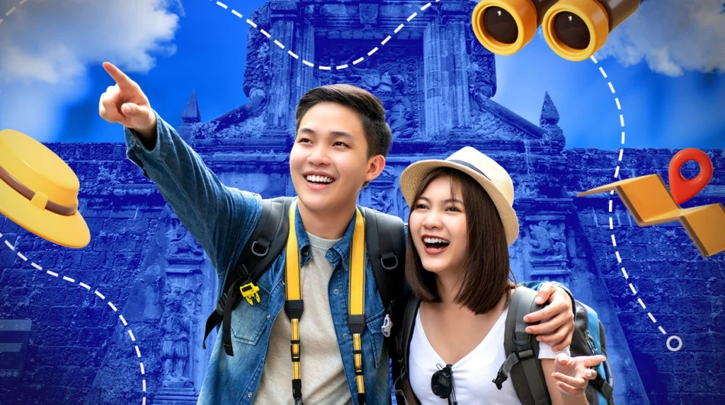 A Filipino couple smiling, with the overview of Intramuros in the background.