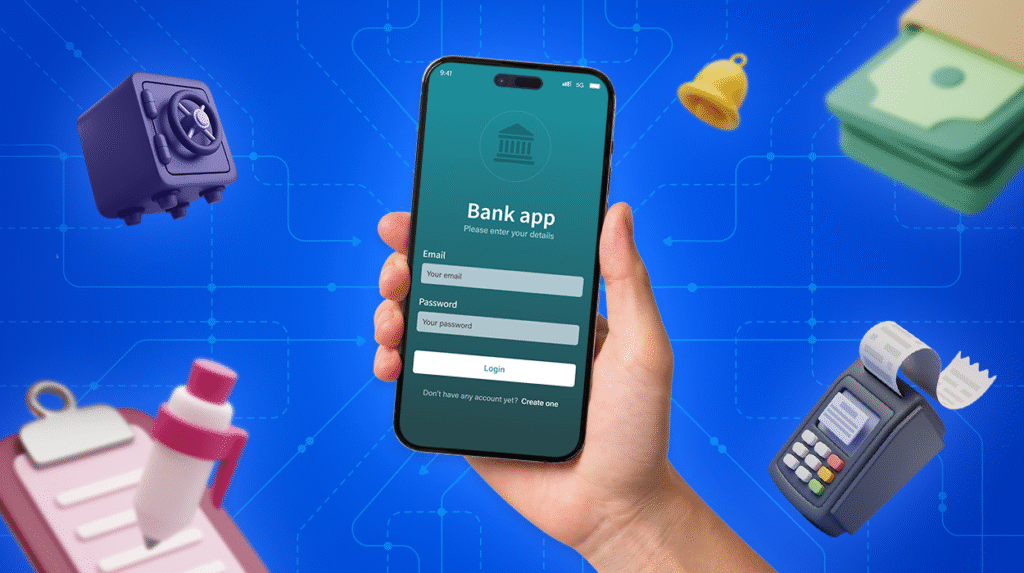 A person's hand holding a smartphone with digital banking icons floating around it against a clean background.