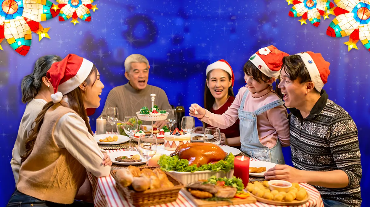 Filipino family celebrating Christmas traditions in the Philippines with Noche Buena feast, lechón, and parol lanterns.
