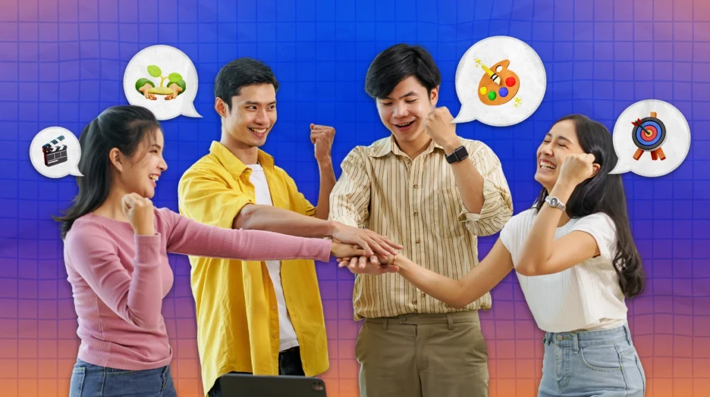 A group of employees with icons/symbols of painting, food, pottery, coffee, etc. surrounding them.