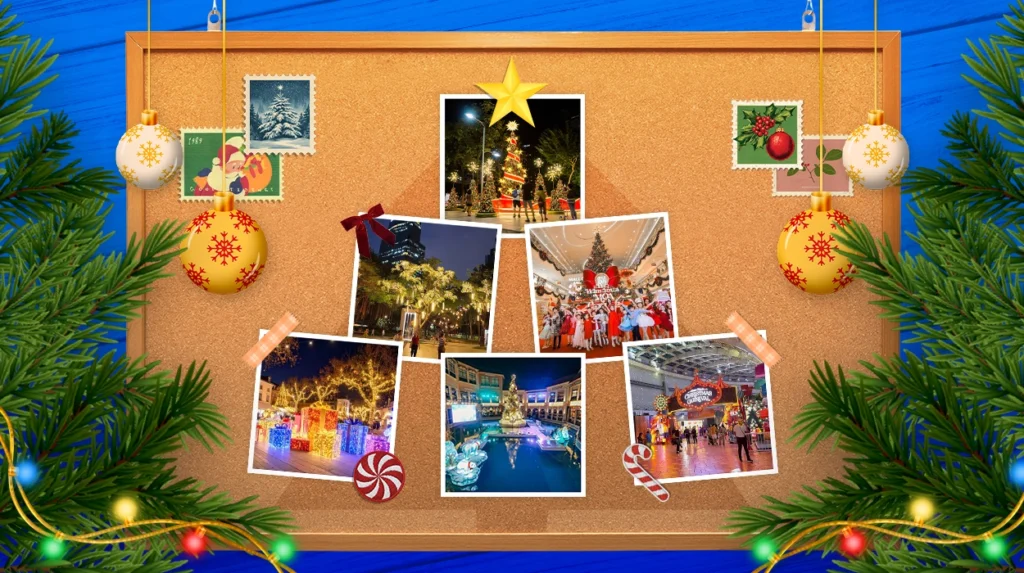 A festive corkboard collage showcasing photos of Christmas light shows in Manila, featuring giant Christmas trees, illuminated displays, and holiday performances.