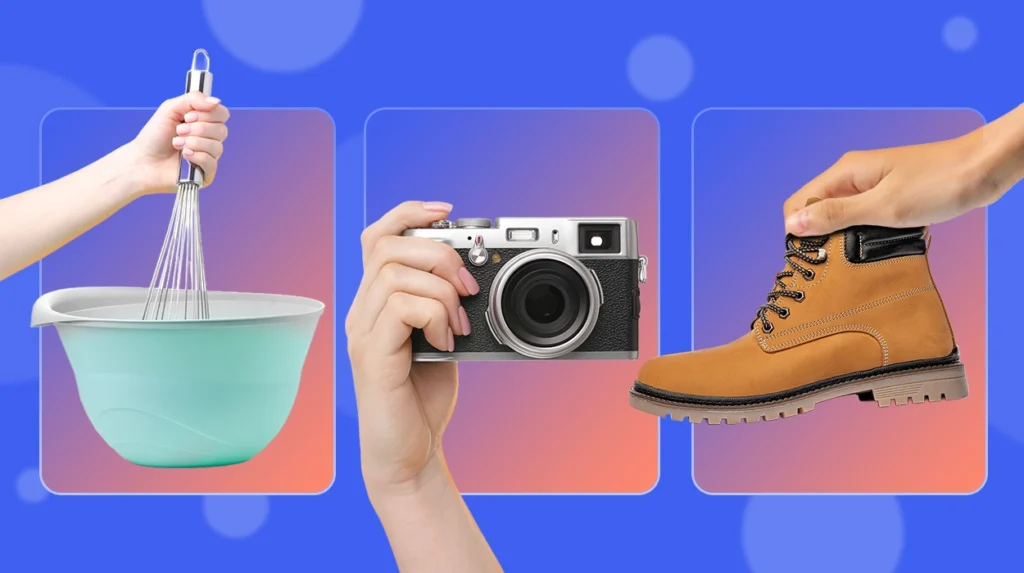 A flat-lay or collage-style image showing hands engaged in various hobbies (Ex. a camera, hiking boots, and baking bowl)