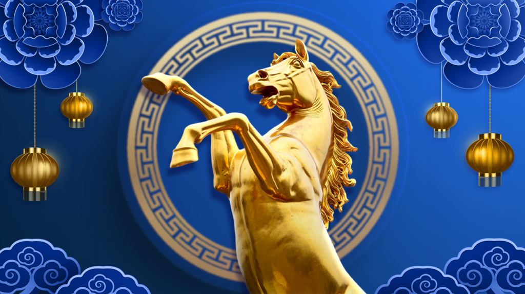 A galloping horse with subtle Chinese New Year elements like gold coins or lanterns.