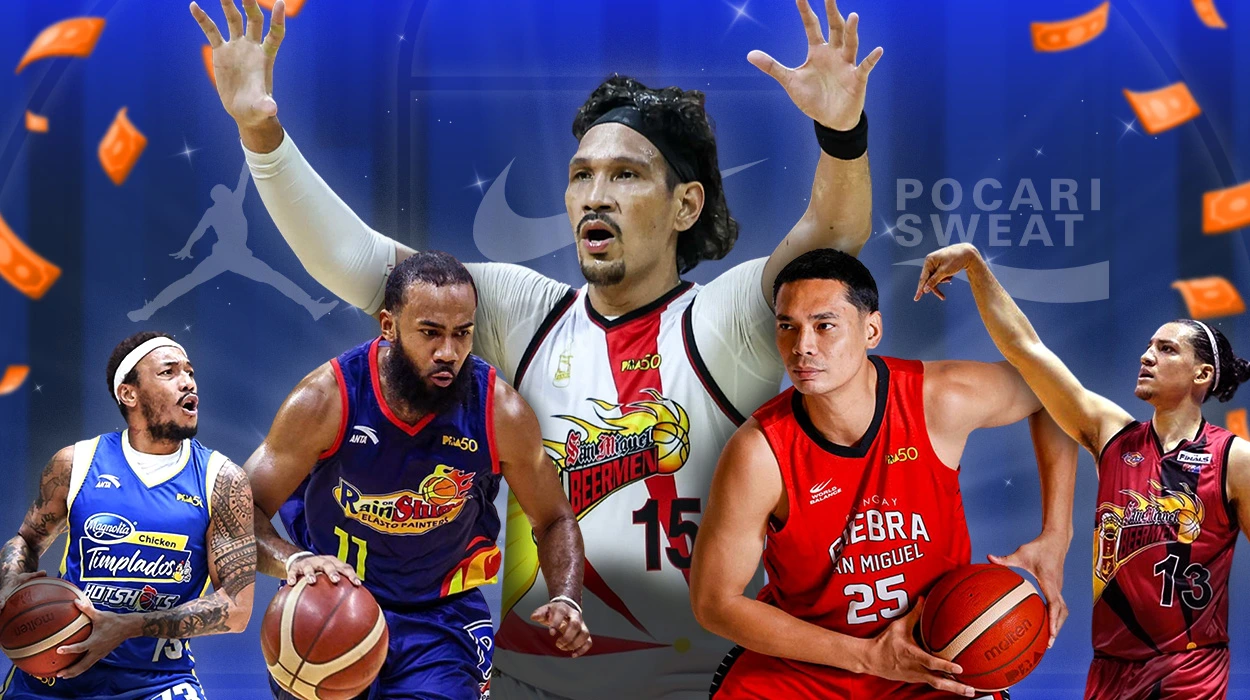 Highest Paid PBA Players Making Millions Per Season - M2.0 Communications Inc. Highest paid PBA players collage featuring June Mar Fajardo, Japeth Aguilar, Stanley Pringle, and other top earners with Pocari Sweat and Jordan Brand logos on blue basketball court background.