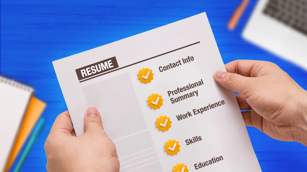 Resume Checklist_ Essential Elements Youre Missing - M2.0 Communications Inc. Hands holding a resume checklist showing essential elements: Contact Info, Professional Summary, Work Experience, Skills, and Education with checkmarks
