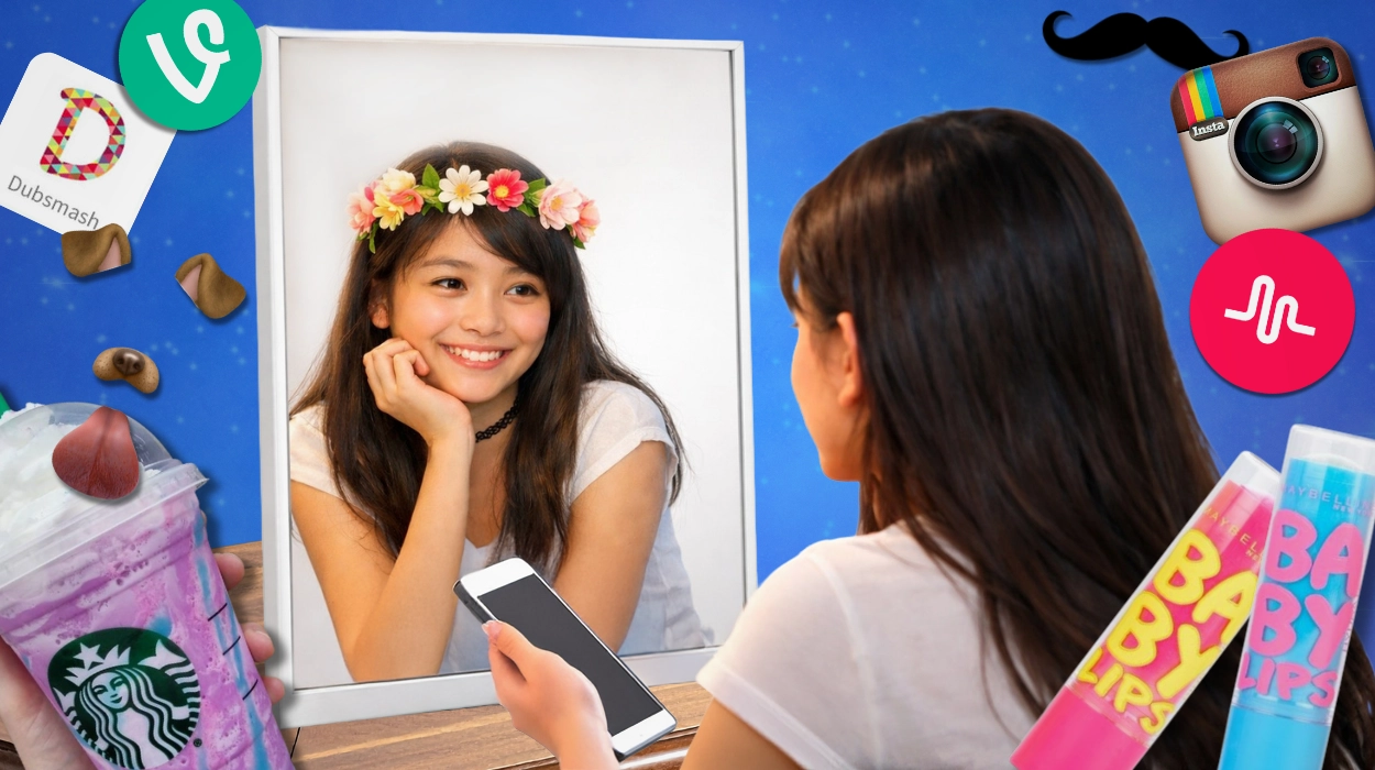 10 Years Ago Why Everyone is Suddenly Obsessed on 2016 - M2.0 Communications Inc. Filipino woman with 2016 trend icons including flower crown filter, choker necklace, Vine app, Musical.ly logo, Instagram, and Dubsmash representing nostalgic 2016 culture.