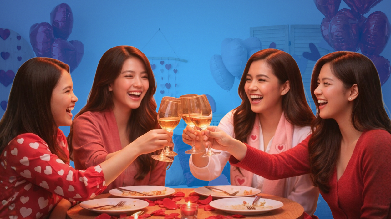2 The Rise of Galentines_ How Friends Are Redefining Valentines Day - M2.0 Communications Inc. A group of friends celebrating together in bright pink or red tones with playful heart elements to emphasize celebration of friendship during Galentine’s Day.