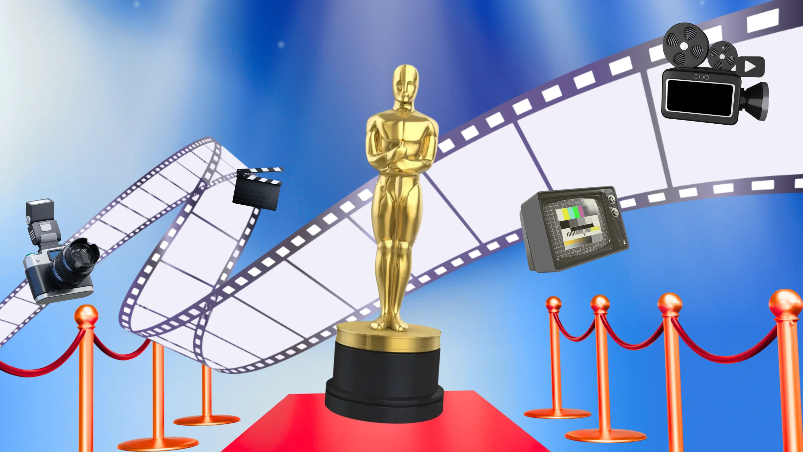 First-Time Oscar Nominees Everyones Rooting For This Year - M2.0 Communications Inc. The Oscar trophy award in the middle, with spotlights around, as well film symbols such as camera, rolls, clapperboard, etc.