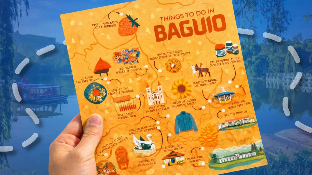 One-Day Trip in Baguio_ Where to Go After Panagbenga Paradepng - M2.0 Communications Inc. Illustrated one-day trip in Baguio map showing top attractions after Panagbenga parade guide.