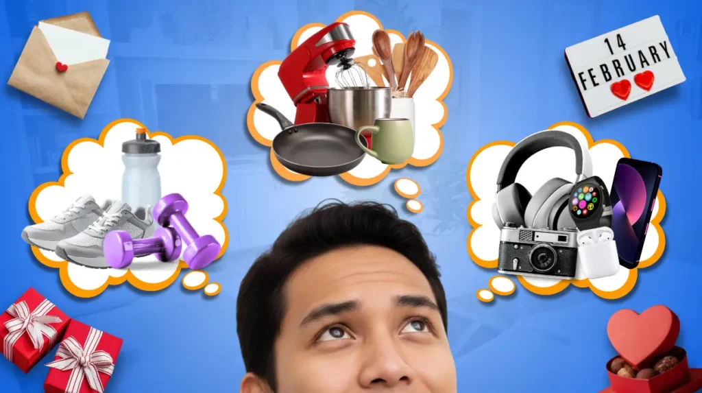 A Person brainstorming Practical Valentines Gifts, with thought bubbles showing useful ideas like kitchen and cooking tools, everyday technology, and fitness accessories.