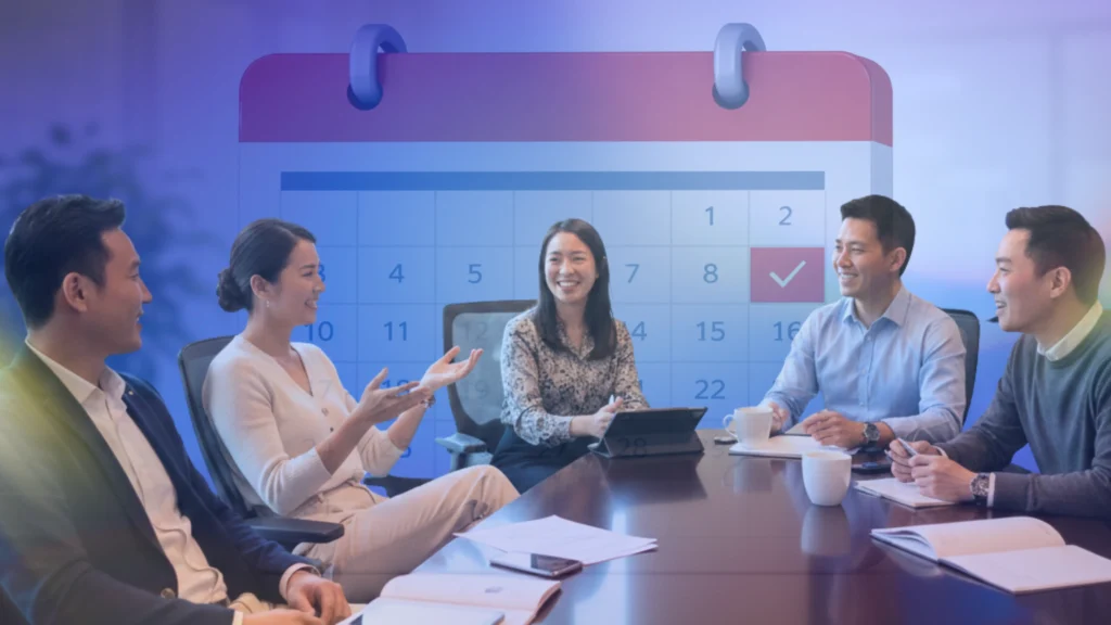 Five professionals collaborating on strategic planning around a conference table with a calendar graphic in the background.