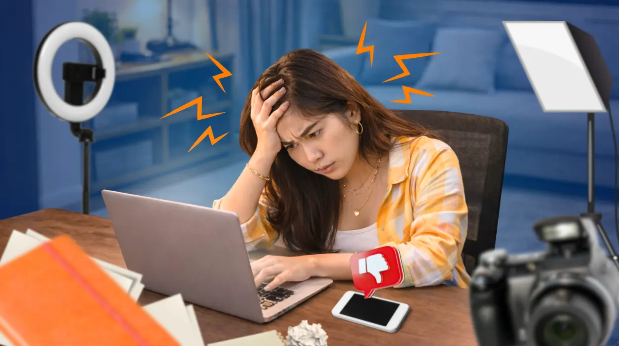 The Dark Side Of Being An Influencer - M2.0 Communications Inc. An exhausted Filipino influencer at a cluttered desk with ring lights, cameras, phones showing low engagement, depicting creator burnout and stress.