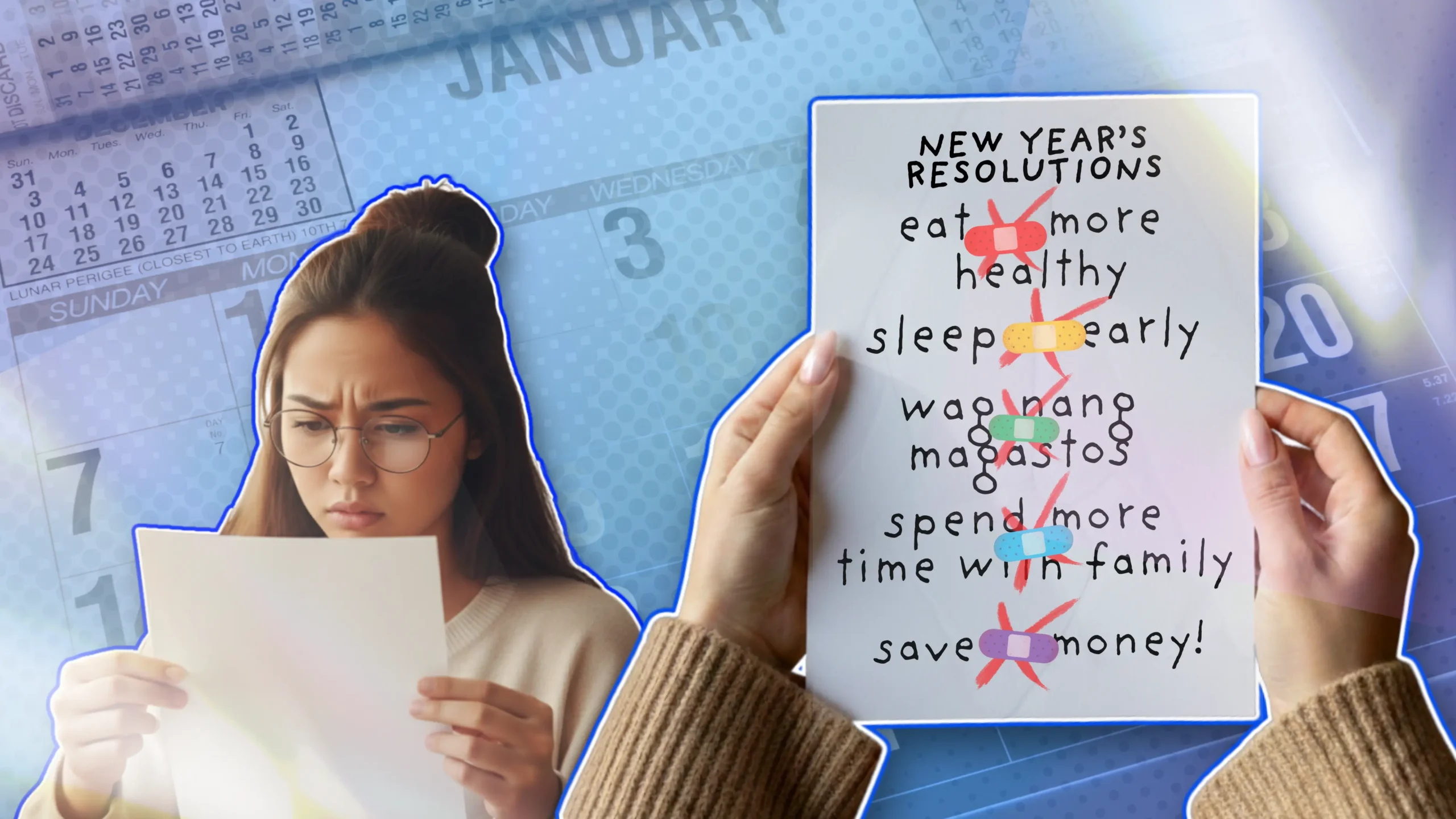 A woman reviewing her broken New Year's resolutions list, with colorful band-aids over each crossed-out goal, against a January calendar background