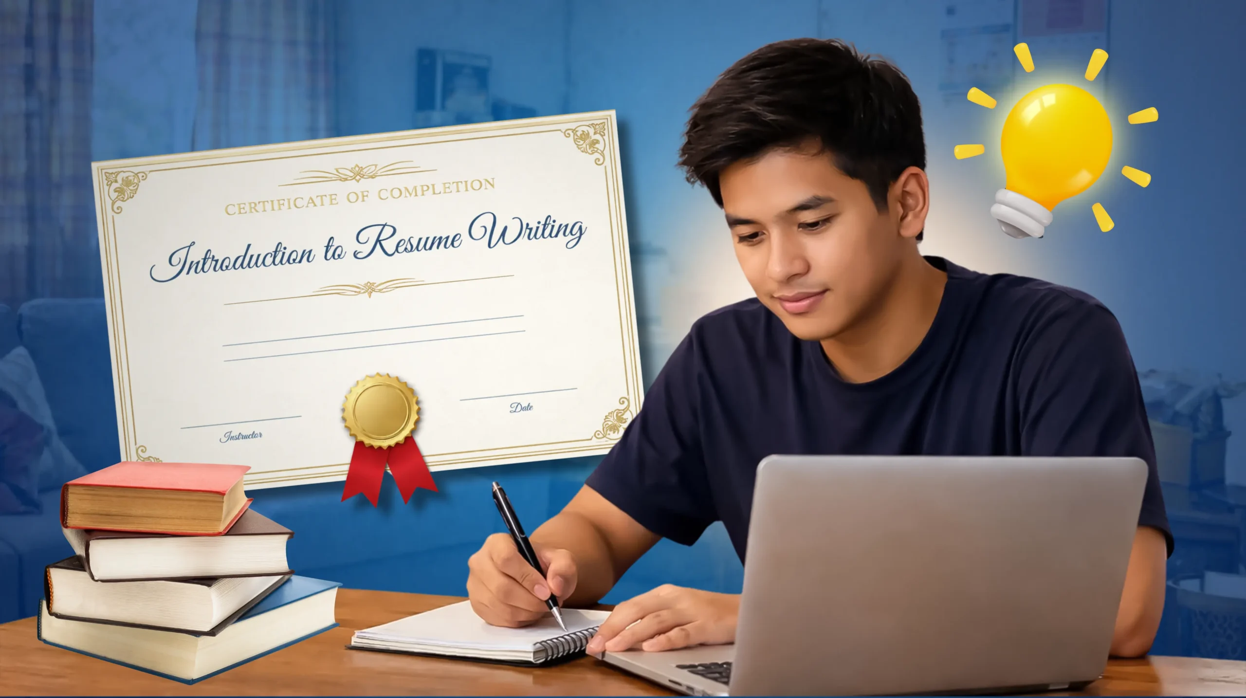 Free Online Courses Filipinos Can Take to Boost Your Resume - M2.0 Communications Inc. A certificate in the center, along with a Filipino studying with a notebook and laptop.