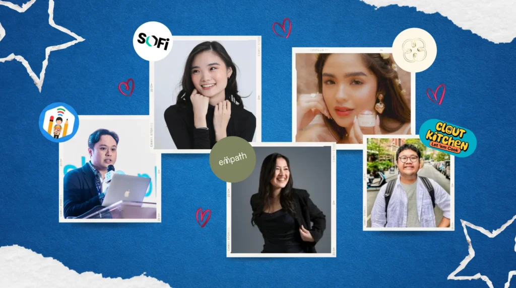 A collage of Gen Z entrepreneurs in the Philippines featuring founders of SOFI AI, Empath, and Clout Kitchen on a blue background.