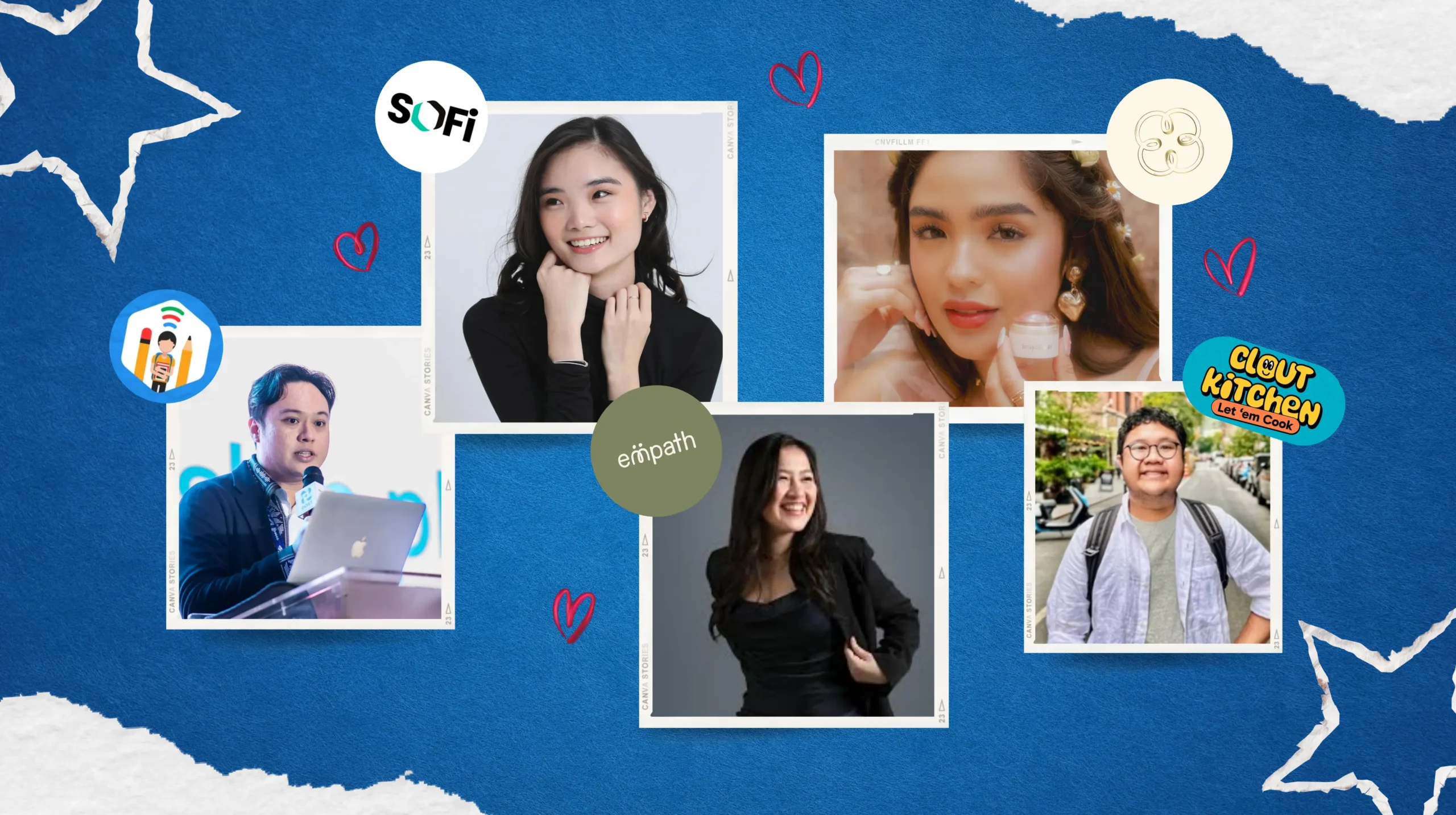 Gen Z Entrepreneurs in the Philippines - M2.0 Communications Inc. A collage of Gen Z entrepreneurs in the Philippines featuring founders of SOFI AI, Empath, and Clout Kitchen on a blue background.