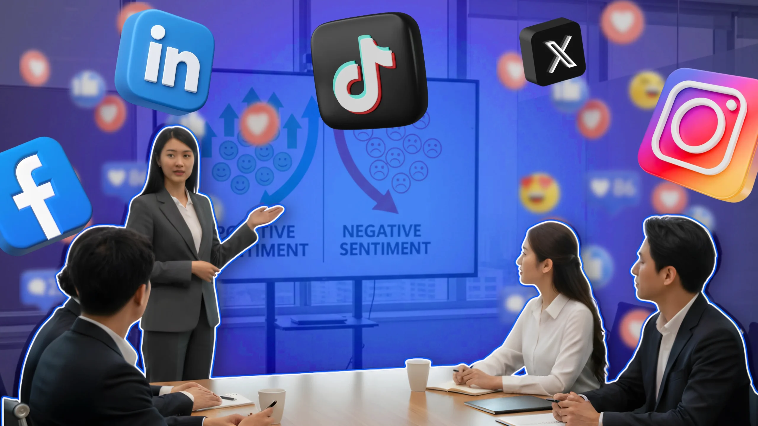 How Analytics Transform Your Communications Strategy 5 Game-Changing Approaches - M2.0 Communications Inc. A PR professional presents sentiment analysis data to a team, with social media icons representing a data-driven communication strategy