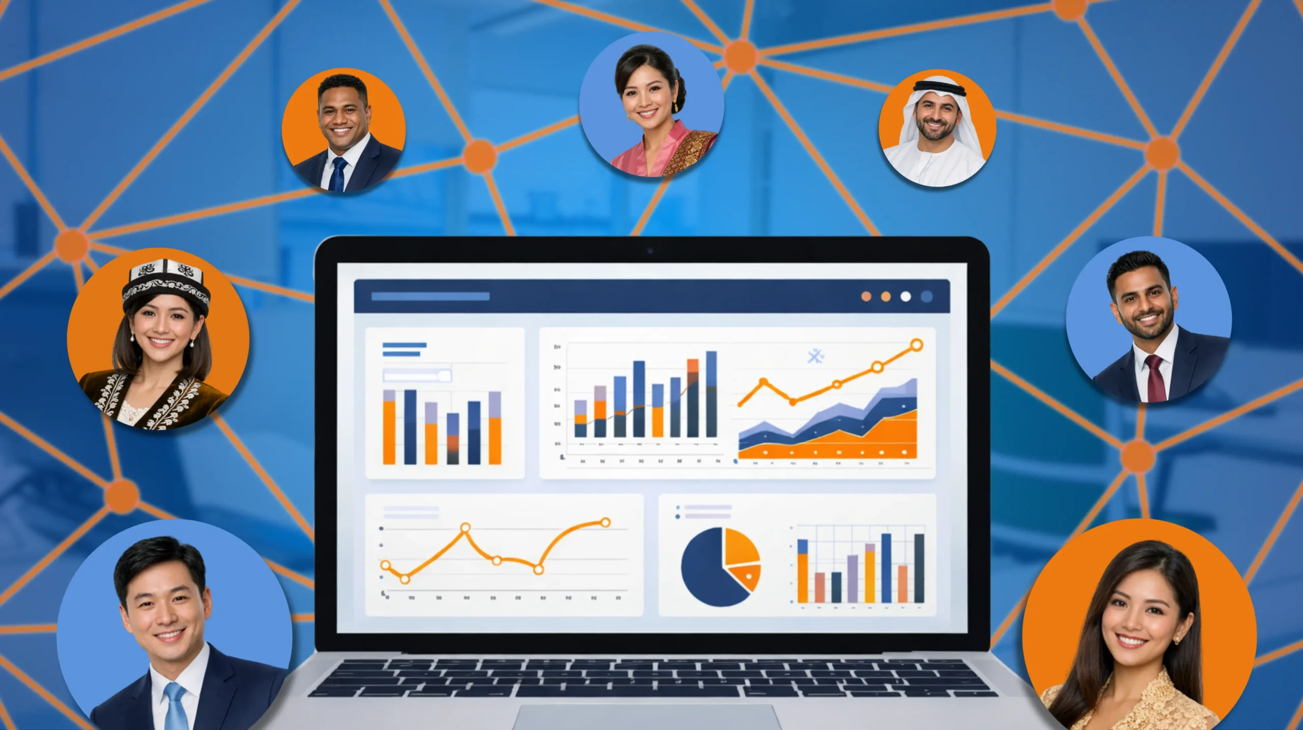 Stakeholder Management Software_ Custom Dashboards vs Off-the-Shelf Tools 1 - M2.0 Communications Inc. A laptop showing a stakeholder management software dashboard surrounded by diverse global professionals in a network.