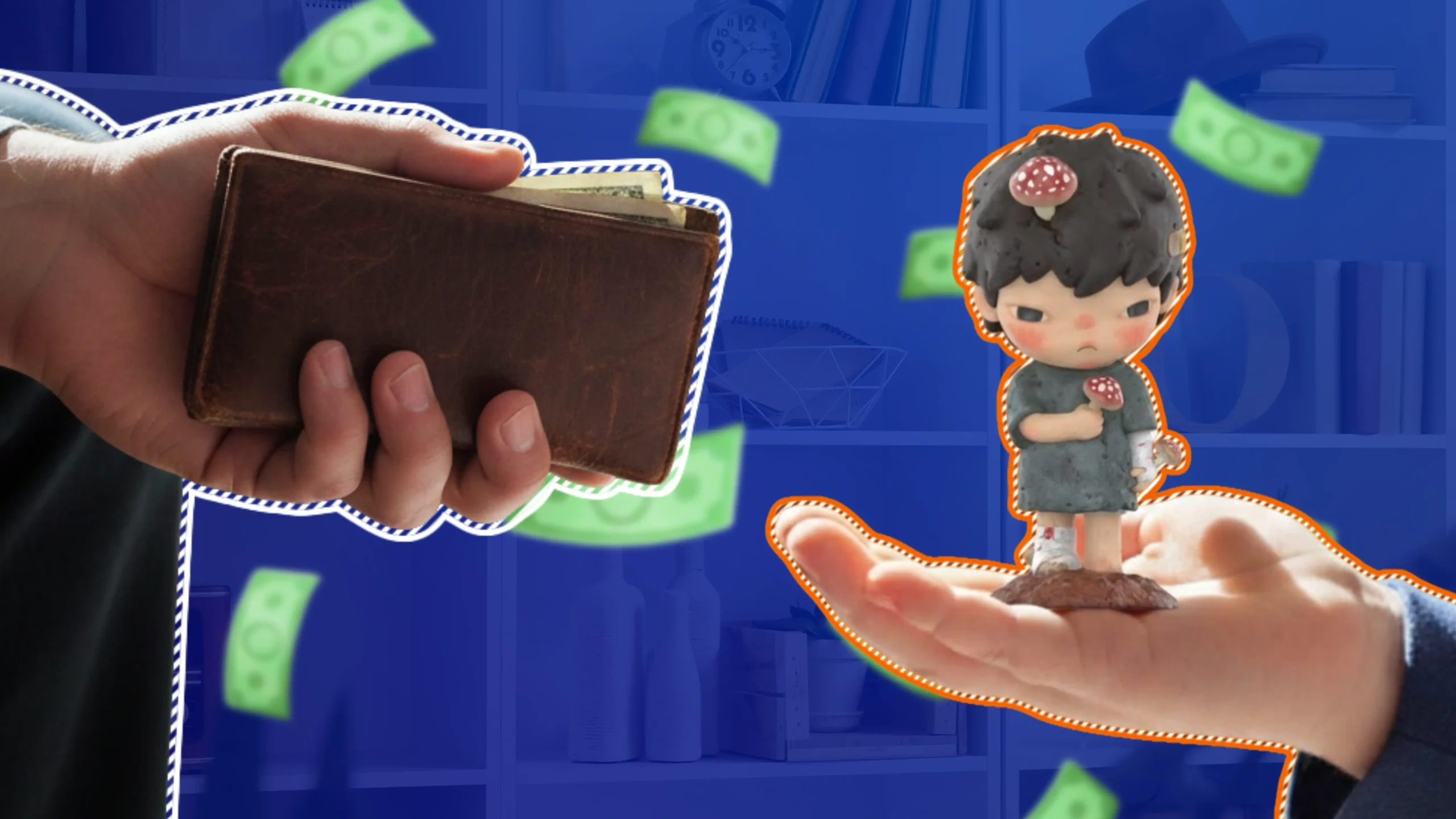Why _Heal Inner Child_ Justifies Our Spending - M2.0 Communications Inc. Hand holding wallet with money and Hirono collectible figurine representing heal inner child spending.