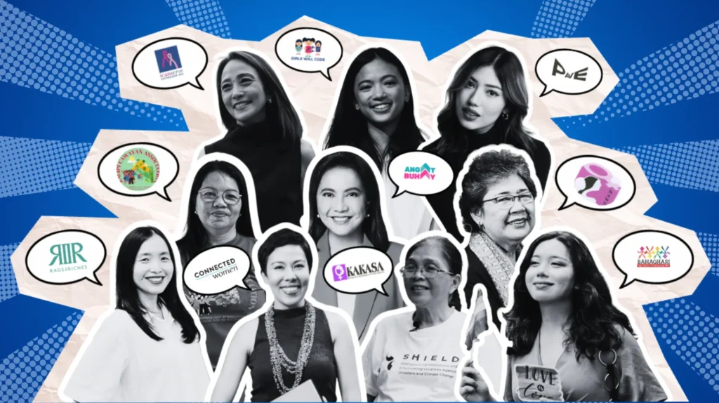 Women NGO leaders in the Philippines collage featuring advocates from Angat Buhay, Rags2Riches, ICanServe, Bahaghari, and more.