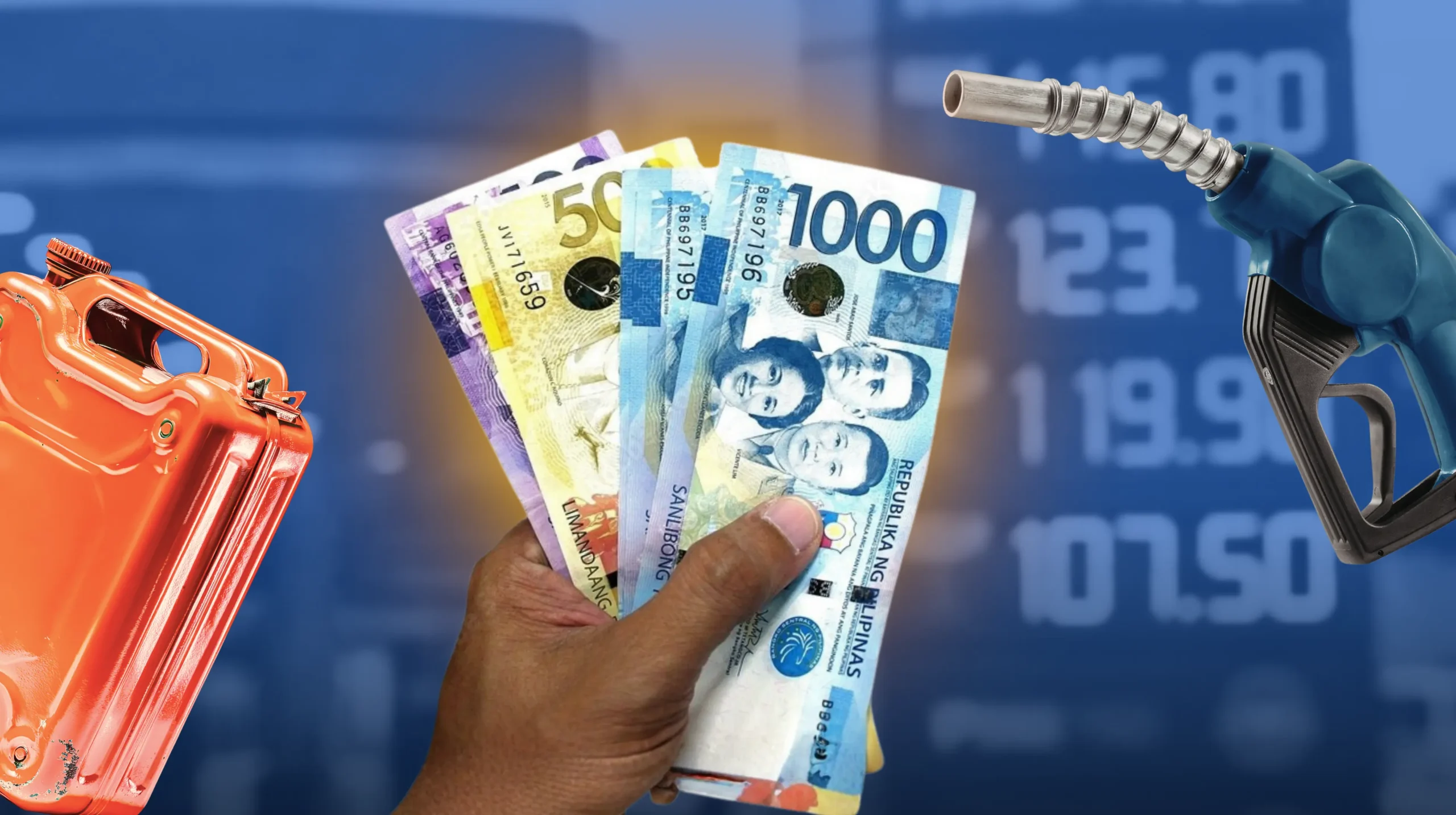 10 Ways Rising Oil Prices Affect Ordinary Filipinos - M2.0 Communications Inc. Philippine peso bills fanned out beside a fuel nozzle and jerry can, set against a blurred gas station board reflecting rising oil prices.