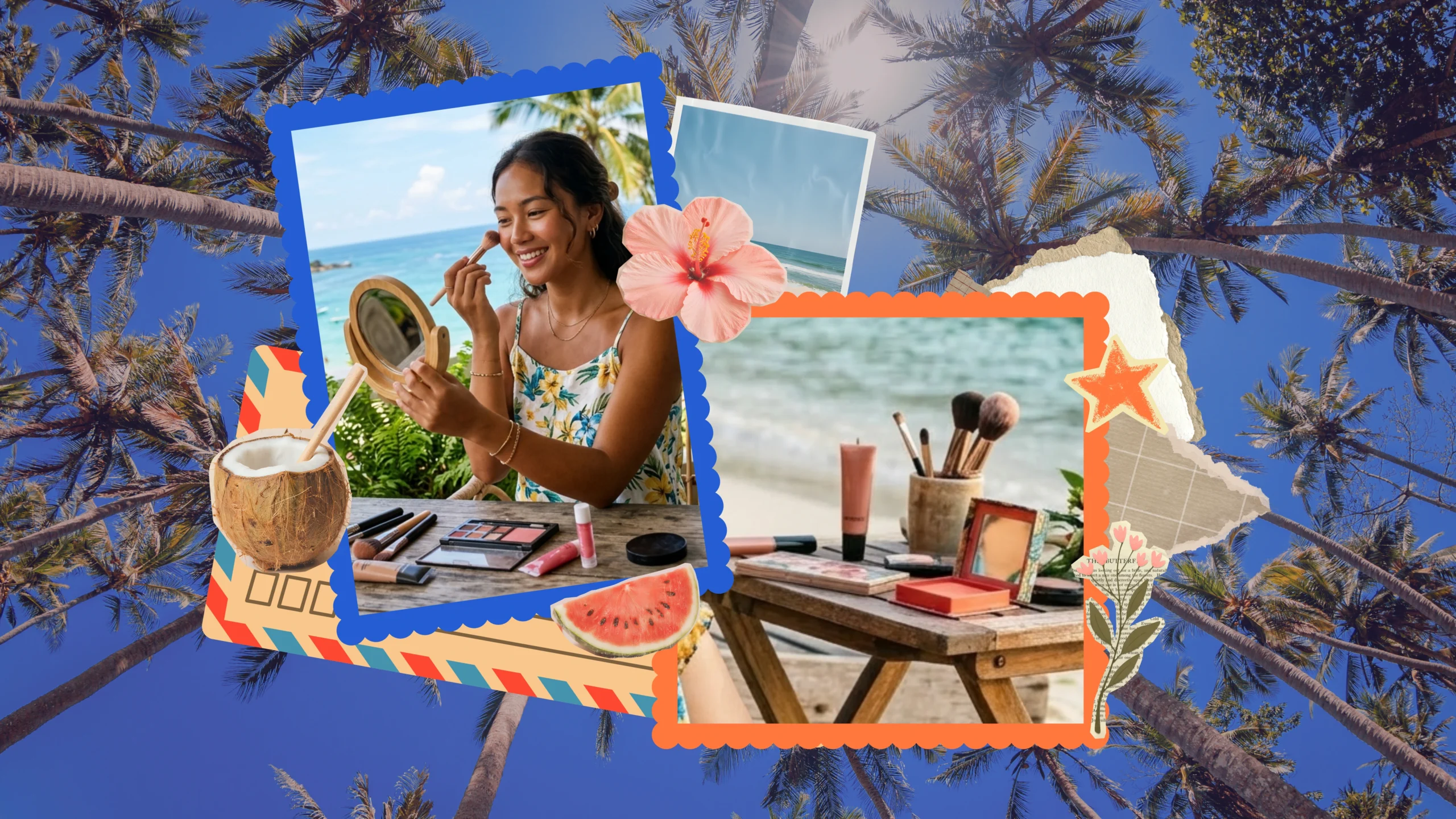 Long-lasting Makeup Products for Summer Prep - M2.0 Communications Inc. Some of the featured makeup products arranged with tropical leaves or a sunburst behind them.