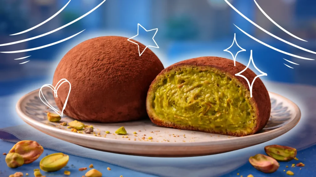 A Close-up of Pistachio Dubai Chocolate with kataifi filling.